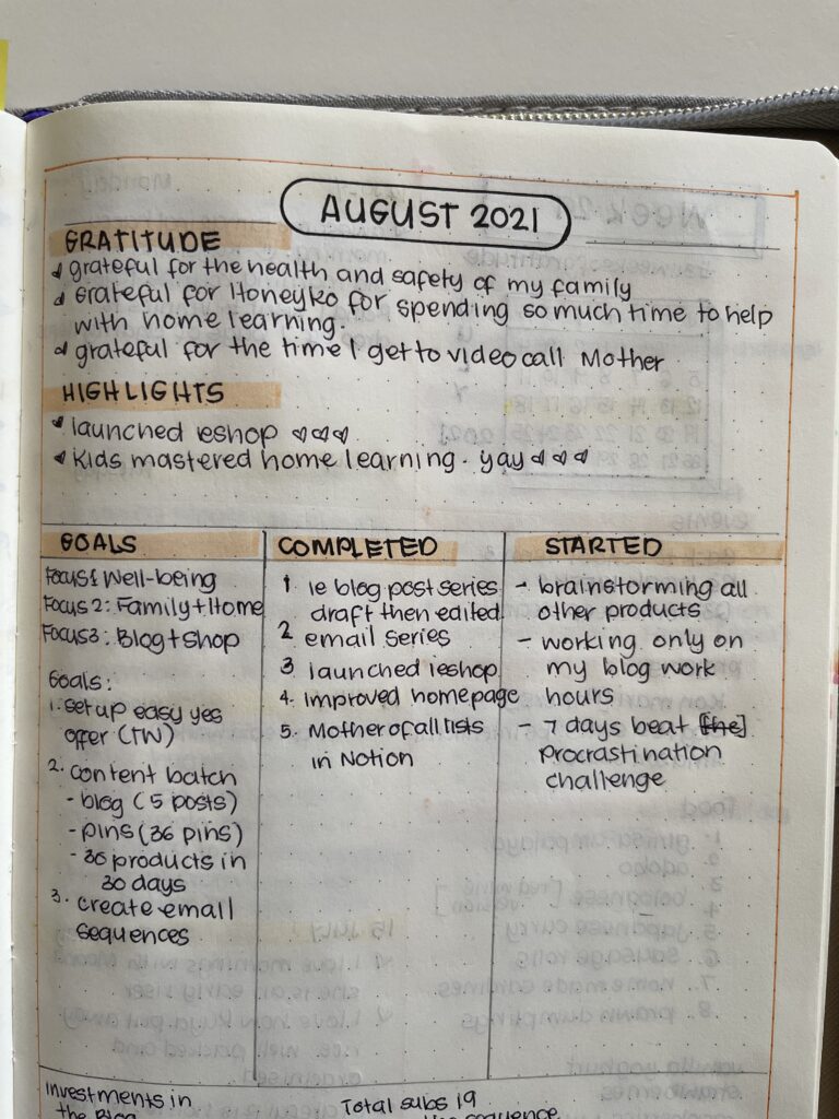 August 2021 Monthly Review Bujo