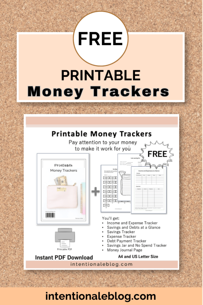 Image of a Pinterest Pins with text, Free Printable Money trackers, money trackers mock up below the text 