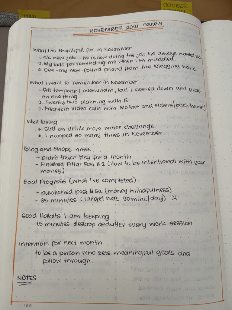 A page of my bullet journal where I wrote my reflection about What happened in November 2021. II wrote what I am grateful for, moments I want to remember, my goal progress and my intentions for December 2021