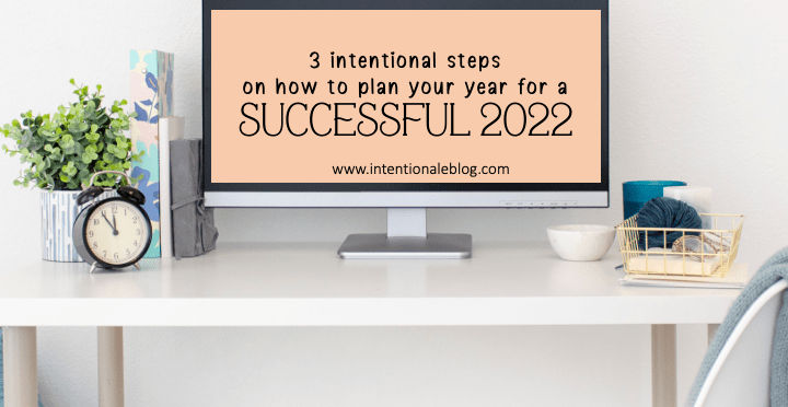 flower, clock, computer image with text 3 intentional steps on how to plan your year for a successful 2022