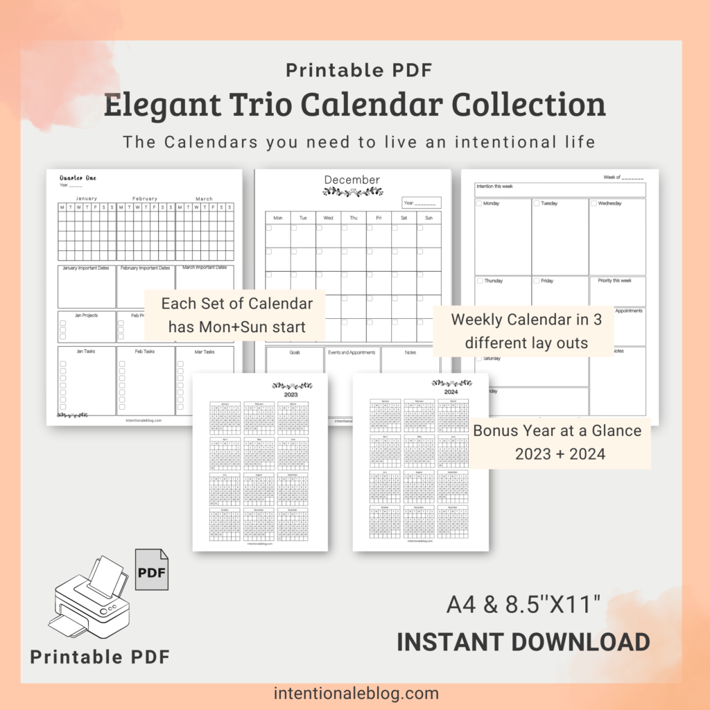 Image mock up of the Elegant Trio Calendar Collection with information on the digital product
