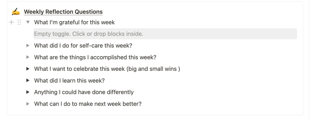 Image of Weekly Review Sections of the Notion Weekly Planner 