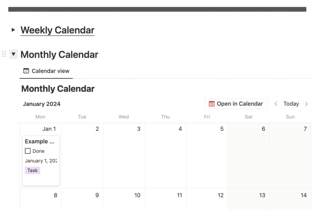 Image of weekly and monthly calendar of the Notion Weekly Planner 