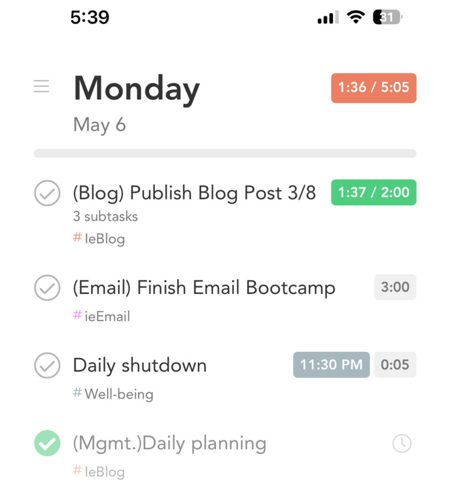 Image of a Daily Task page in Sunsama