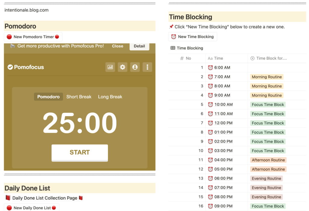 Image of pomodoro and time blocking space in Notion that helps a persom have a productive day