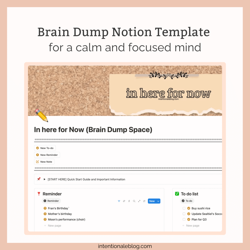 Blog title Brain Dump Notion template for a calm and focused mind, inage of brain dump page in notion