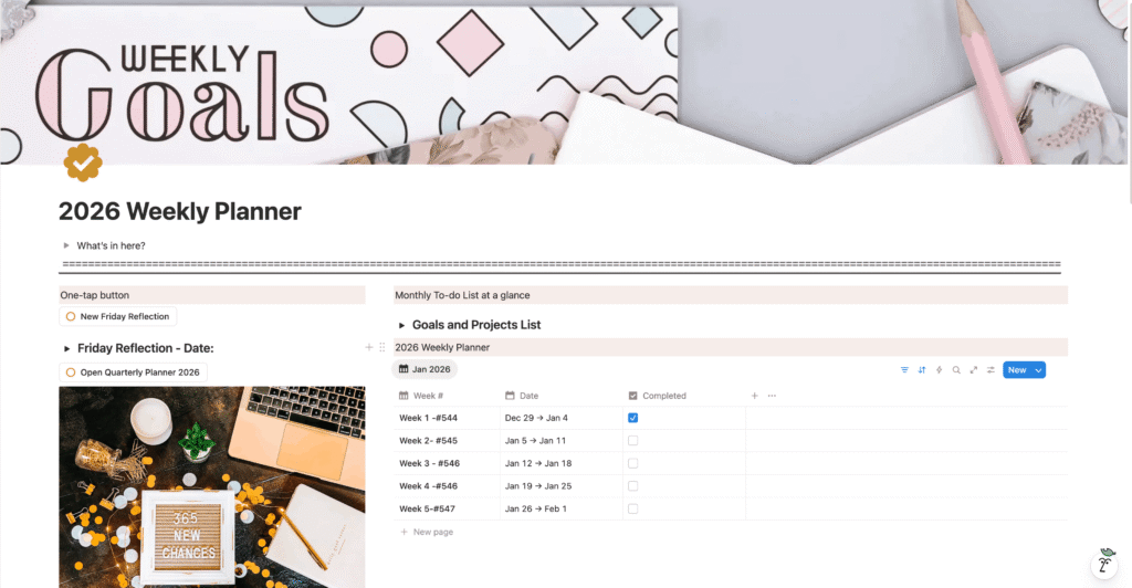 Screenshot of a digital 2026 Weekly Planner in Notion—perfect for anyone wondering how to get your life on track. The page features weekly goals, a calendar table, task checkboxes, and decorative stationery items with a coffee cup beside a laptop.